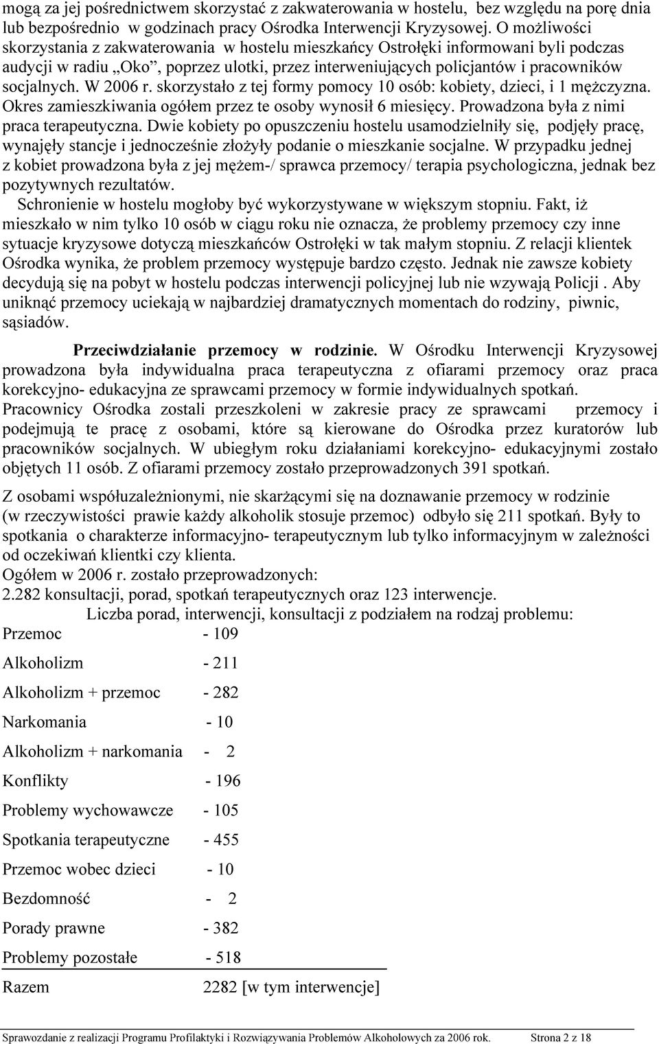 W 2006 r. skorzystało z tej formy pomocy 10 osób: kobiety, dzieci, i 1 mężczyzna. Okres zamieszkiwania ogółem przez te osoby wynosił 6 miesięcy. Prowadzona była z nimi praca terapeutyczna.