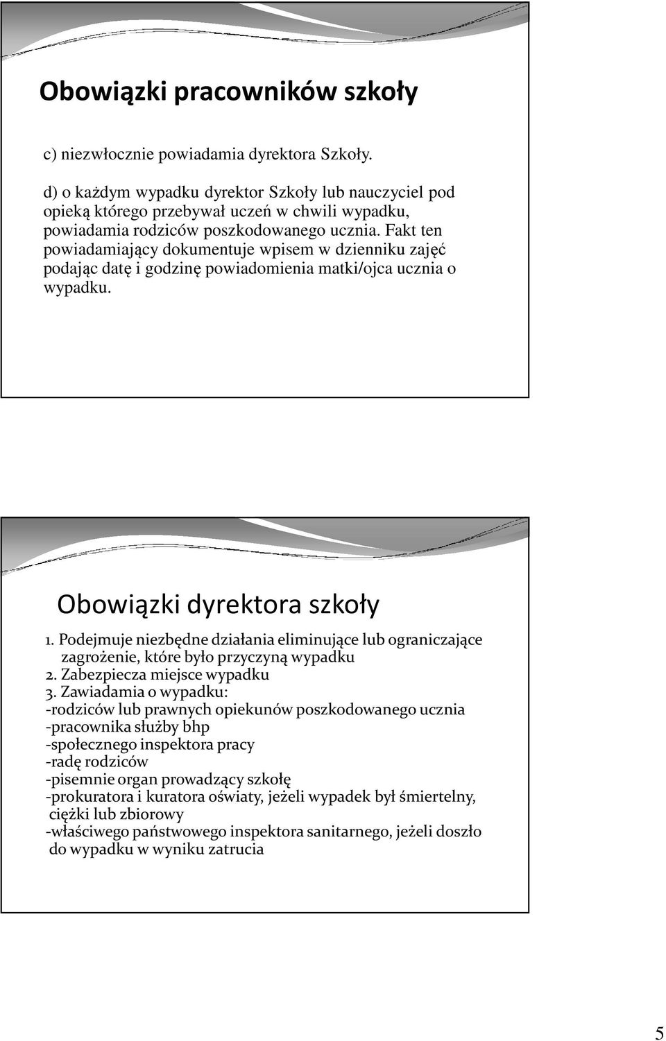 Fakt ten powiadamiający dokumentuje wpisem w dzienniku zajęć podając datę i godzinę powiadomienia matki/ojca ucznia o wypadku. Obowiązki dyrektora szkoły 1.