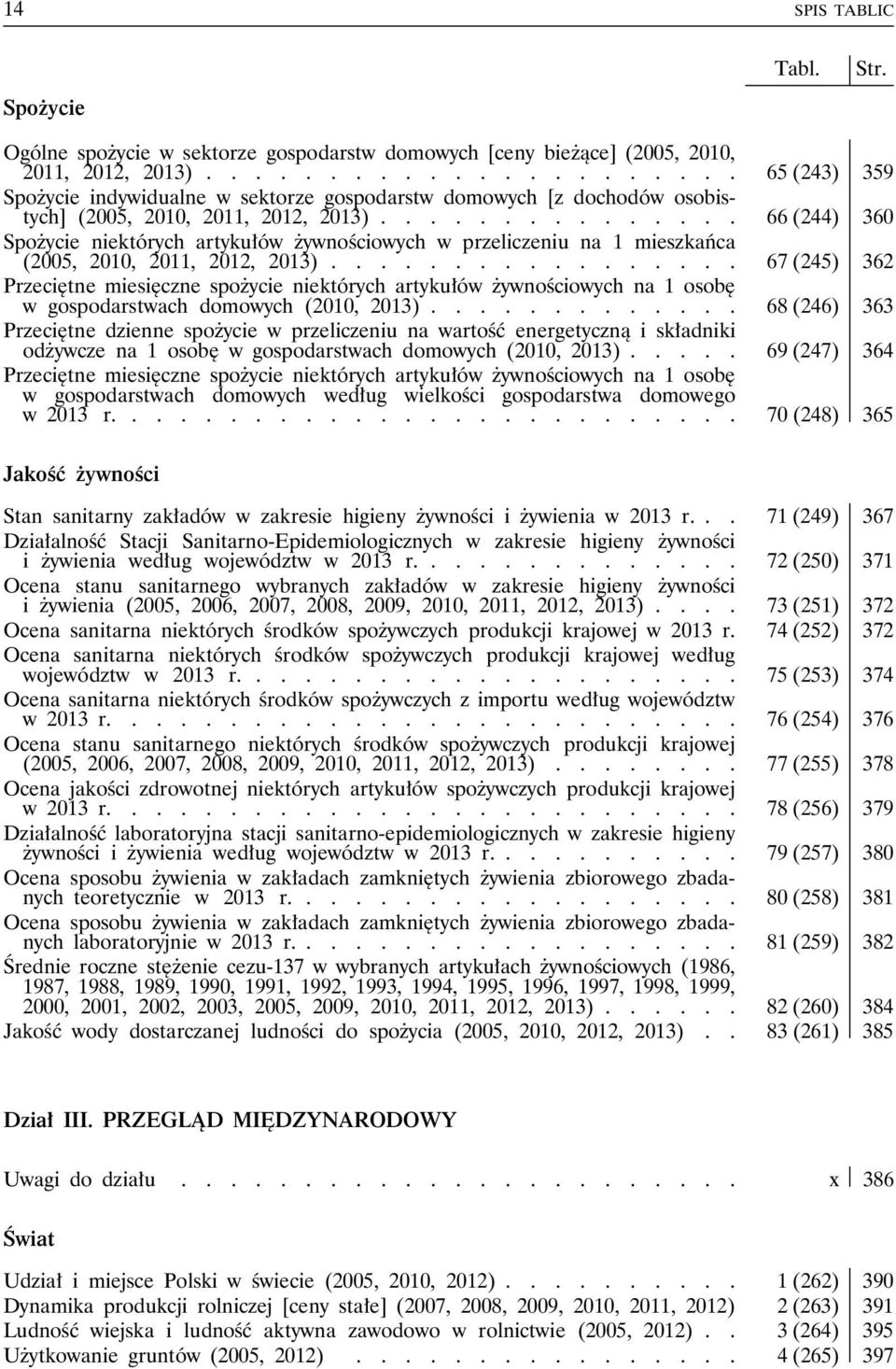 .............. 66 (244) 360 Spożycie niektórych artykułów żywnościowych w przeliczeniu na 1 mieszkańca (2005, 2010, 2011, 2012, 2013).