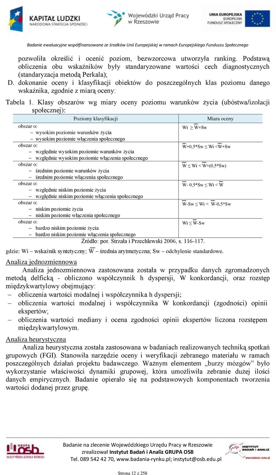 Klasy obszarów wg miary oceny poziomu warunków życia (ubóstwa/izolacji społecznej): Poziomy klasyfikacji Miara oceny obszar o: Wi W+Sw wysokim poziomie warunków życia wysokim poziomie włączenia