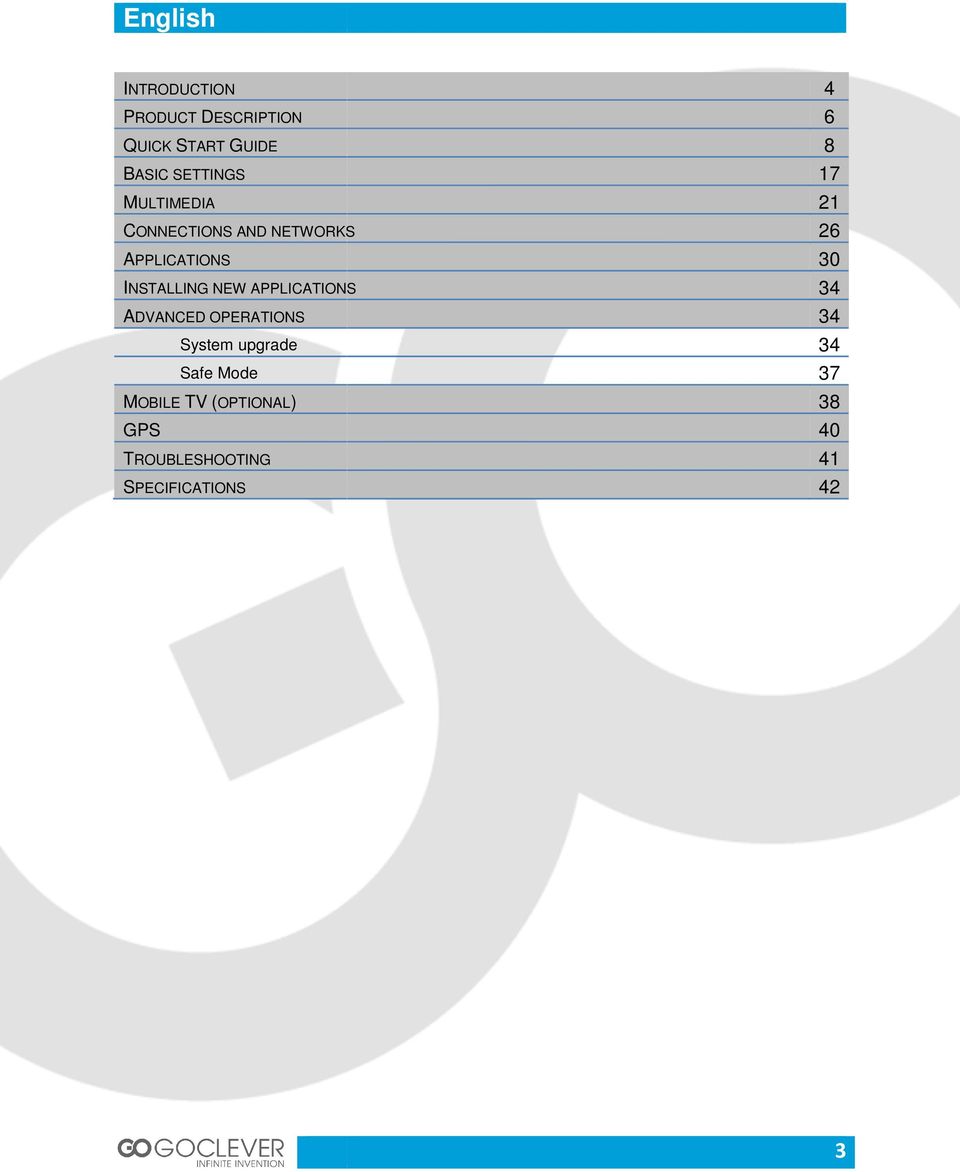 APPLICATIONSATIONS ADVANCED OPERATIONS System upgrade Safe Mode MOBILE TV