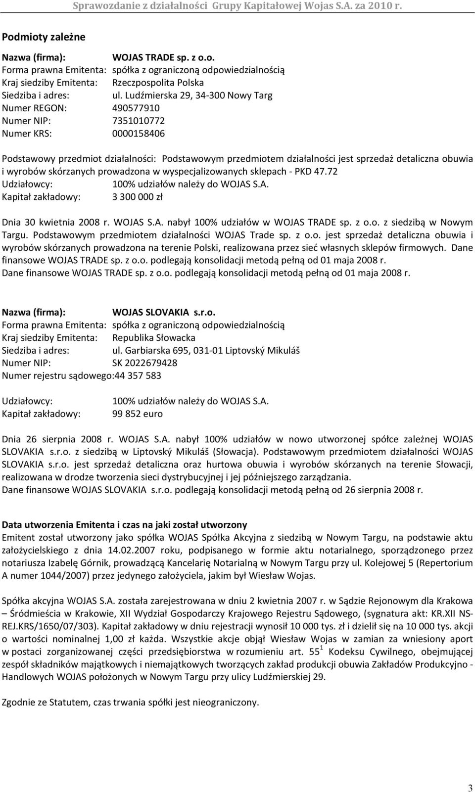 obuwia i wyrobów skórzanych prowadzona w wyspecjalizowanych sklepach - PKD 47.72 Udziałowcy: 100% udziałów należy do WOJAS S.A. Kapitał zakładowy: 3300000 zł Dnia 30 kwietnia 2008 r. WOJAS S.A. nabył 100% udziałów w WOJAS TRADE sp.