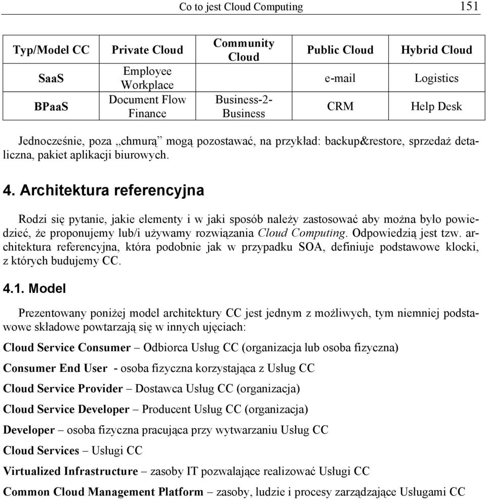 Architektura referencyjna Rodzi się pytanie, jakie elementy i w jaki sposób należy zastosować aby można było powiedzieć, że proponujemy lub/i używamy rozwiązania Cloud Computing. Odpowiedzią jest tzw.