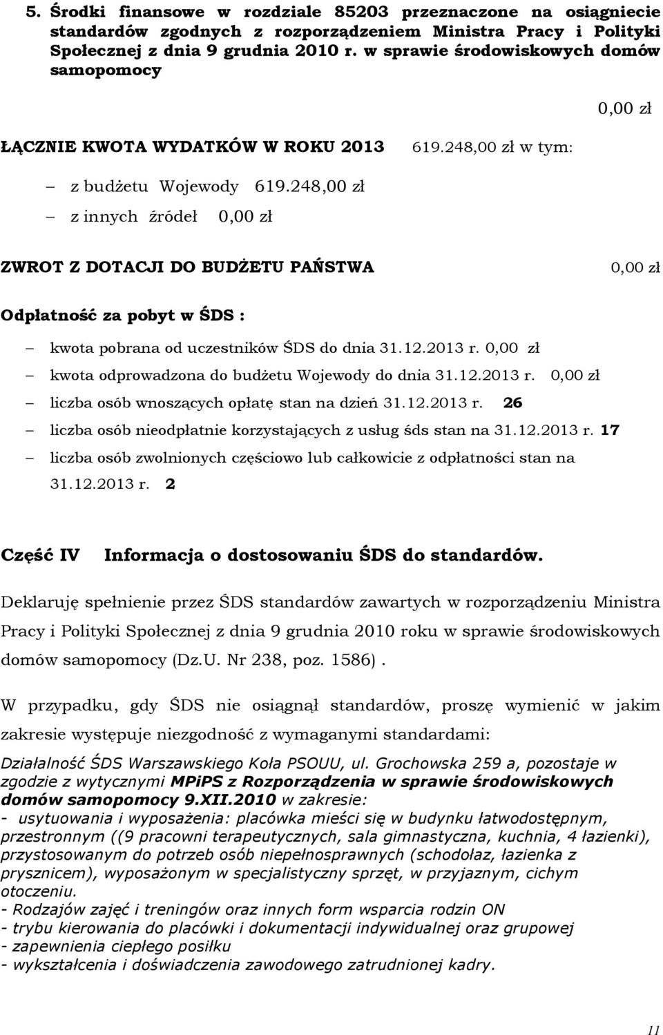 248,00 zł z innych źródeł 0,00 zł 0,00 zł ZWROT Z DOTACJI DO BUDŻETU PAŃSTWA 0,00 zł Odpłatność za pobyt w ŚDS : kwota pobrana od uczestników ŚDS do dnia 31.12.2013 r.