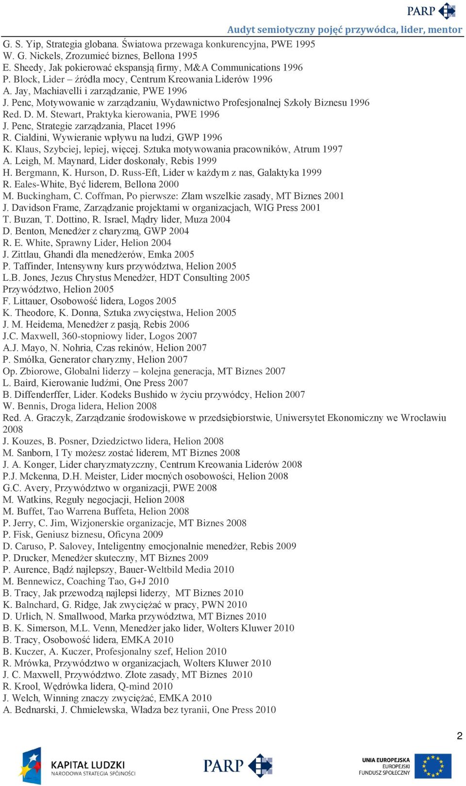 Penc, Strategie zarządzania, Placet 1996 R. Cialdini, Wywieranie wpływu na ludzi, GWP 1996 K. Klaus, Szybciej, lepiej, więcej. Sztuka motywowania pracowników, Atrum 1997 A. Leigh, M.