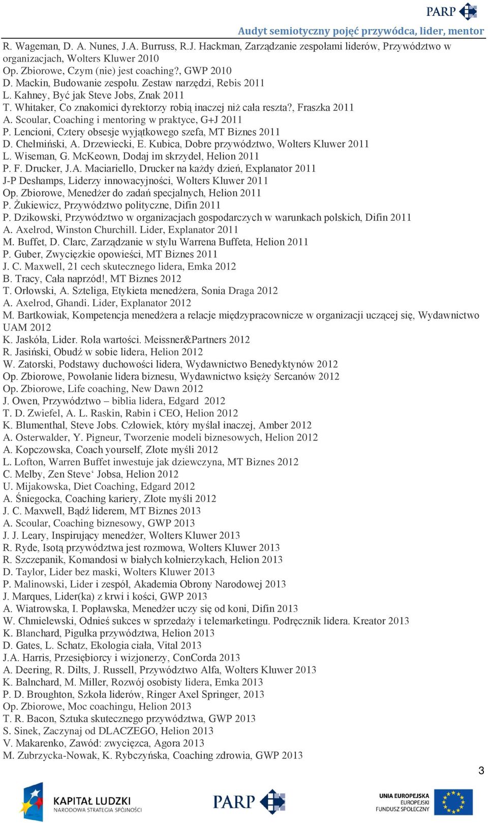 Scoular, Coaching i mentoring w praktyce, G+J 2011 P. Lencioni, Cztery obsesje wyjątkowego szefa, MT Biznes 2011 D. Chełmiński, A. Drzewiecki, E. Kubica, Dobre przywództwo, Wolters Kluwer 2011 L.