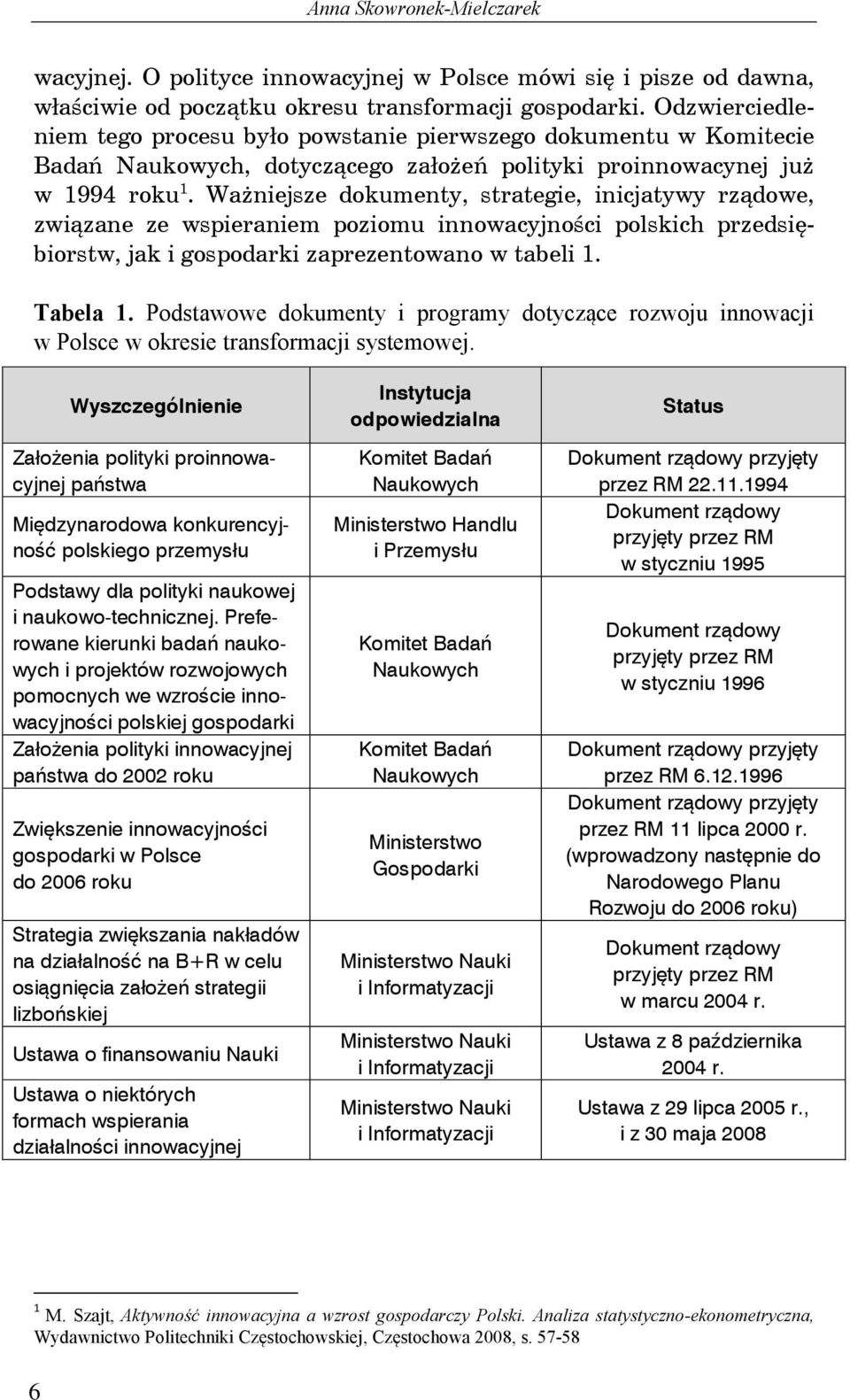 Wa niejsze dokumenty, strategie, inicjatywy rz dowe, zwi zane ze wspieraniem poziomu innowacyjno ci polskich przedsi biorstw, jak i gospodarki zaprezentowano w tabeli 1. Tabela 1.