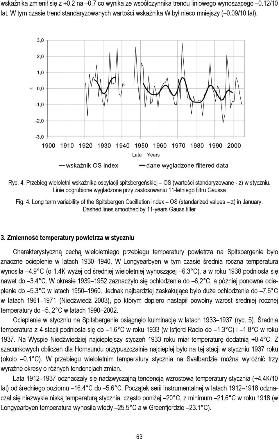 Linie pogrubione wygładzone przy zastosowaniu 11-letniego filtru Gaussa Fig. 4. Long term variability of the Spitsbergen Oscillation index OS (standarized values z) in January.