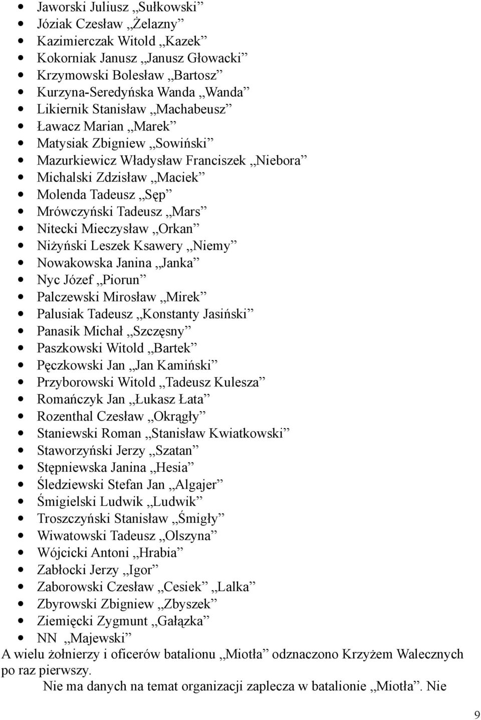 Leszek Ksawery Niemy Nowakowska Janina Janka Nyc Józef Piorun Palczewski Mirosław Mirek Palusiak Tadeusz Konstanty Jasiński Panasik Michał Szczęsny Paszkowski Witold Bartek Pęczkowski Jan Jan