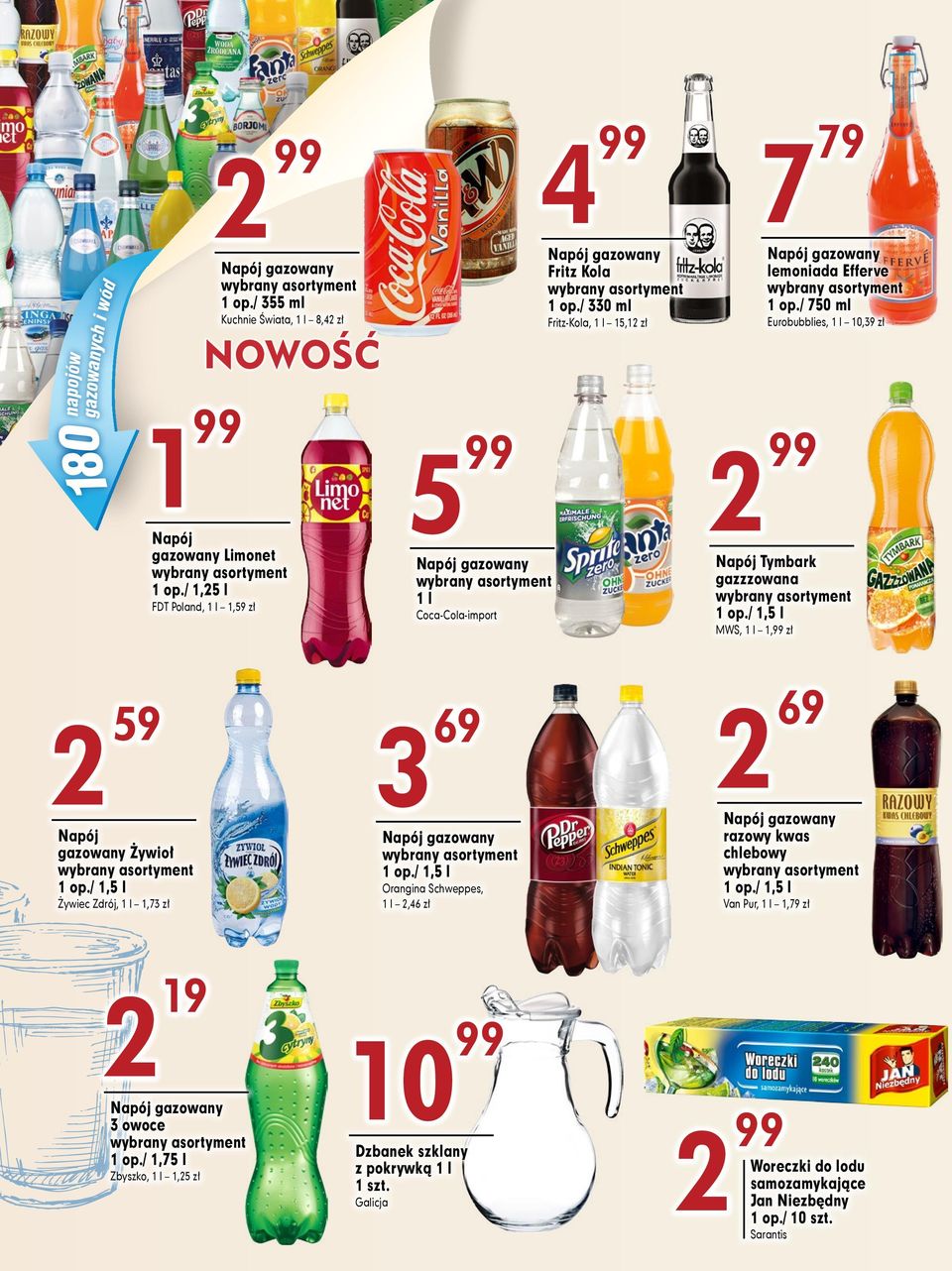 / 1,5 l Orangina Schweppes, 1 l 2,46 zł 10 Eurobubblies, 1 l 10,9 zł 2 Napój Tymbark gazzzowana 1 op./ 1,5 l MWS, 1 l 1, zł 2 69 Napój gazowany razowy kwas chlebowy 1 op.