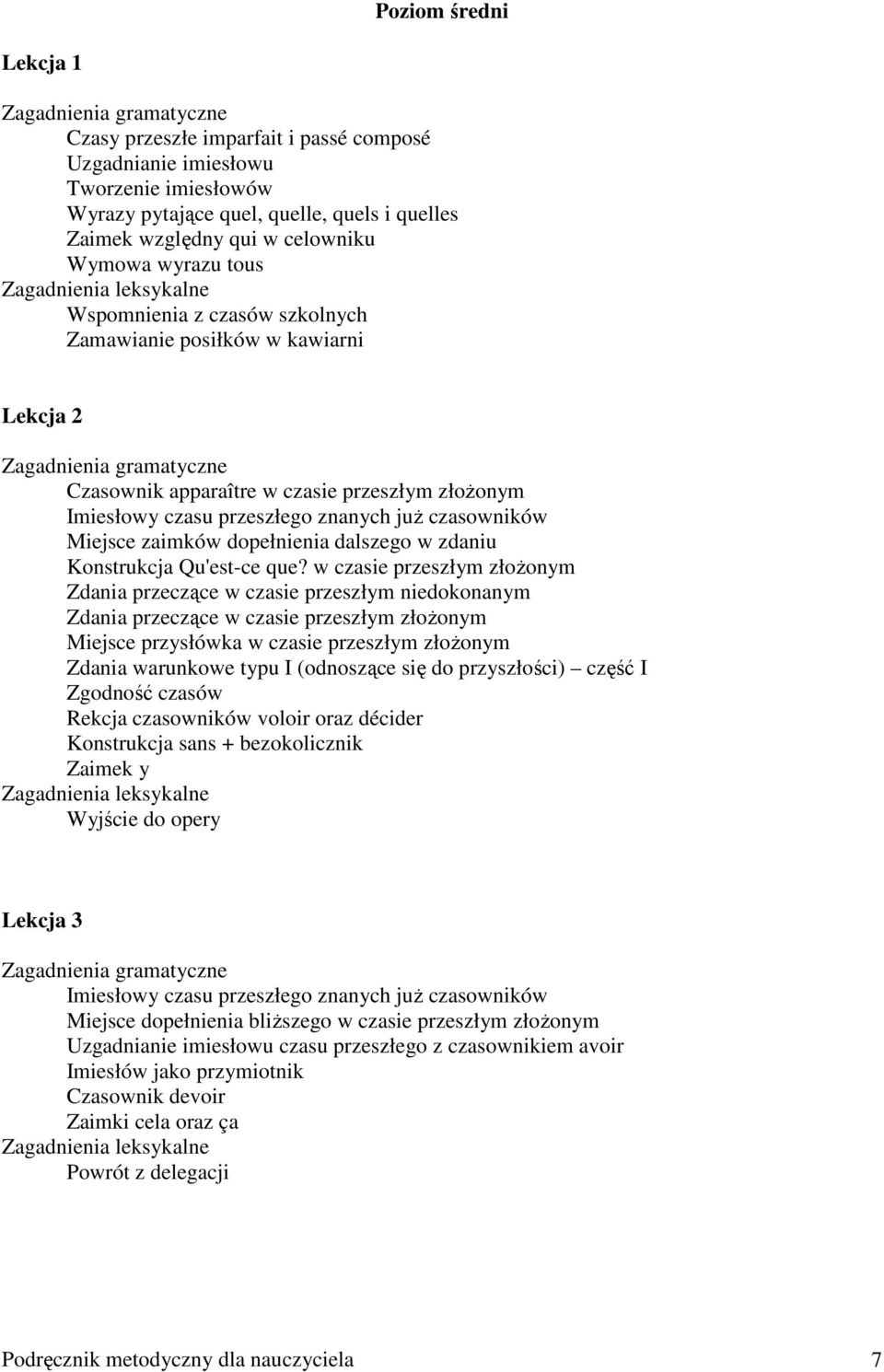 Imiesłowy czasu przeszłego znanych juŝ czasowników Miejsce zaimków dopełnienia dalszego w zdaniu Konstrukcja Qu'est-ce que?