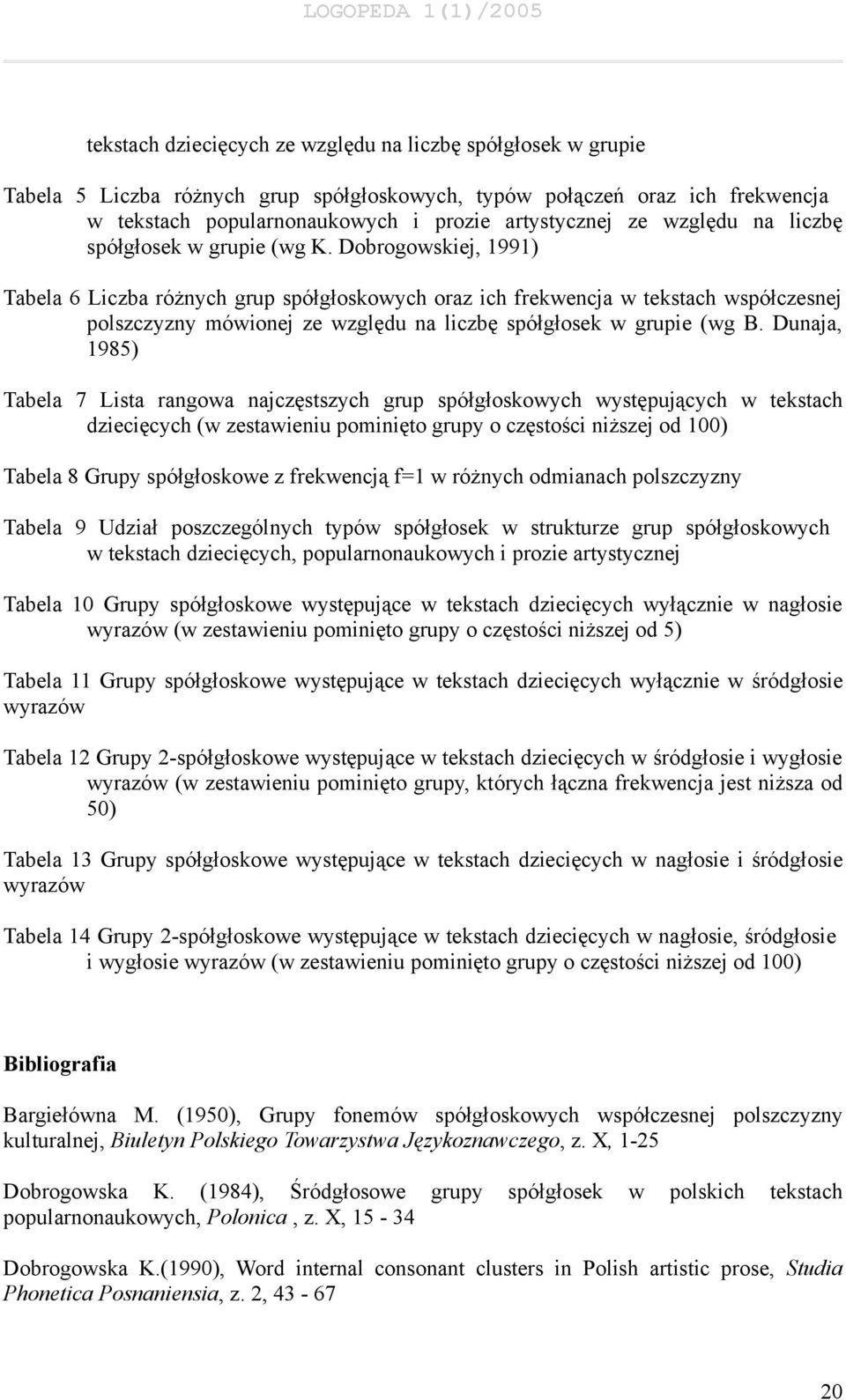 Dobrogowskiej, 1991) Tabela 6 Liczba różnych grup spółgłoskowych oraz ich frekwencja w tekstach współczesnej polszczyzny mówionej ze względu na liczbę spółgłosek w grupie (wg B.