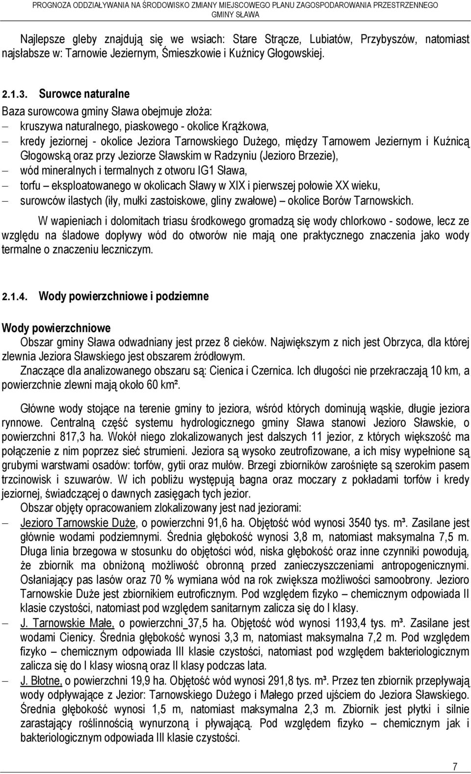 i Kuźnicą Głogowską oraz przy Jeziorze Sławskim w Radzyniu (Jezioro Brzezie), - wód mineralnych i termalnych z otworu IG1 Sława, - torfu eksploatowanego w okolicach Sławy w XIX i pierwszej połowie XX