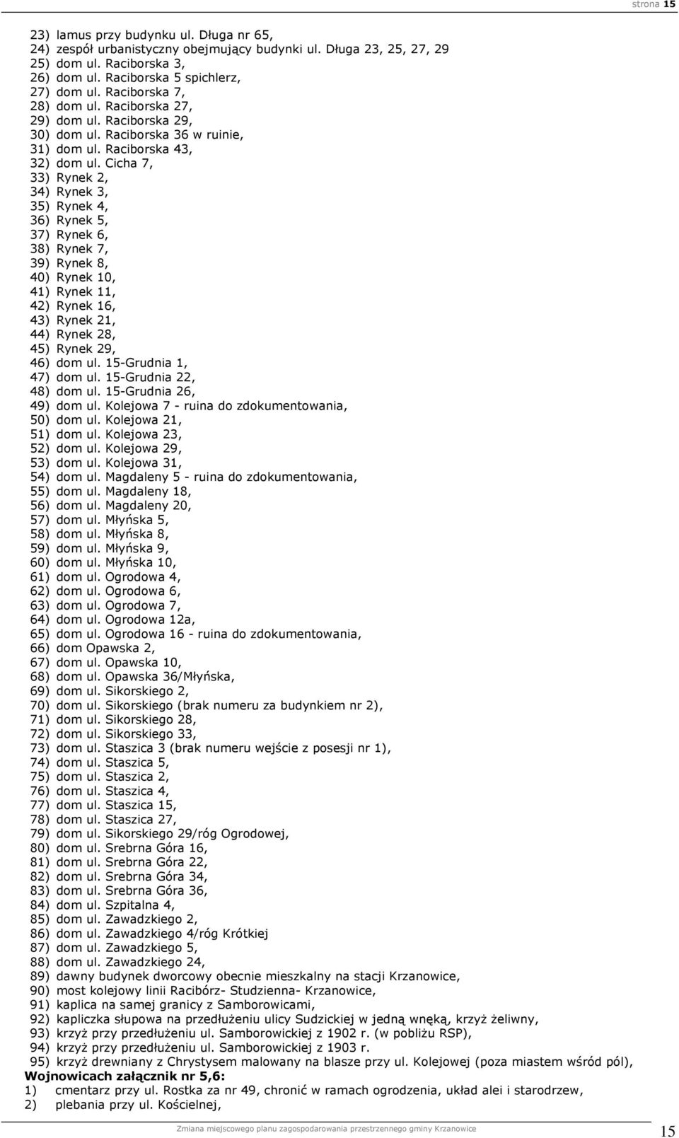 Cicha 7, 33) Rynek 2, 34) Rynek 3, 35) Rynek 4, 36) Rynek 5, 37) Rynek 6, 38) Rynek 7, 39) Rynek 8, 40) Rynek 10, 41) Rynek 11, 42) Rynek 16, 43) Rynek 21, 44) Rynek 28, 45) Rynek 29, 46) dom ul.