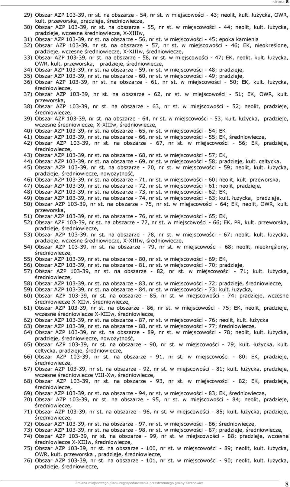 w miejscowości - 45; epoka kamienia 32) Obszar AZP 103-39, nr st. na obszarze - 57, nr st.