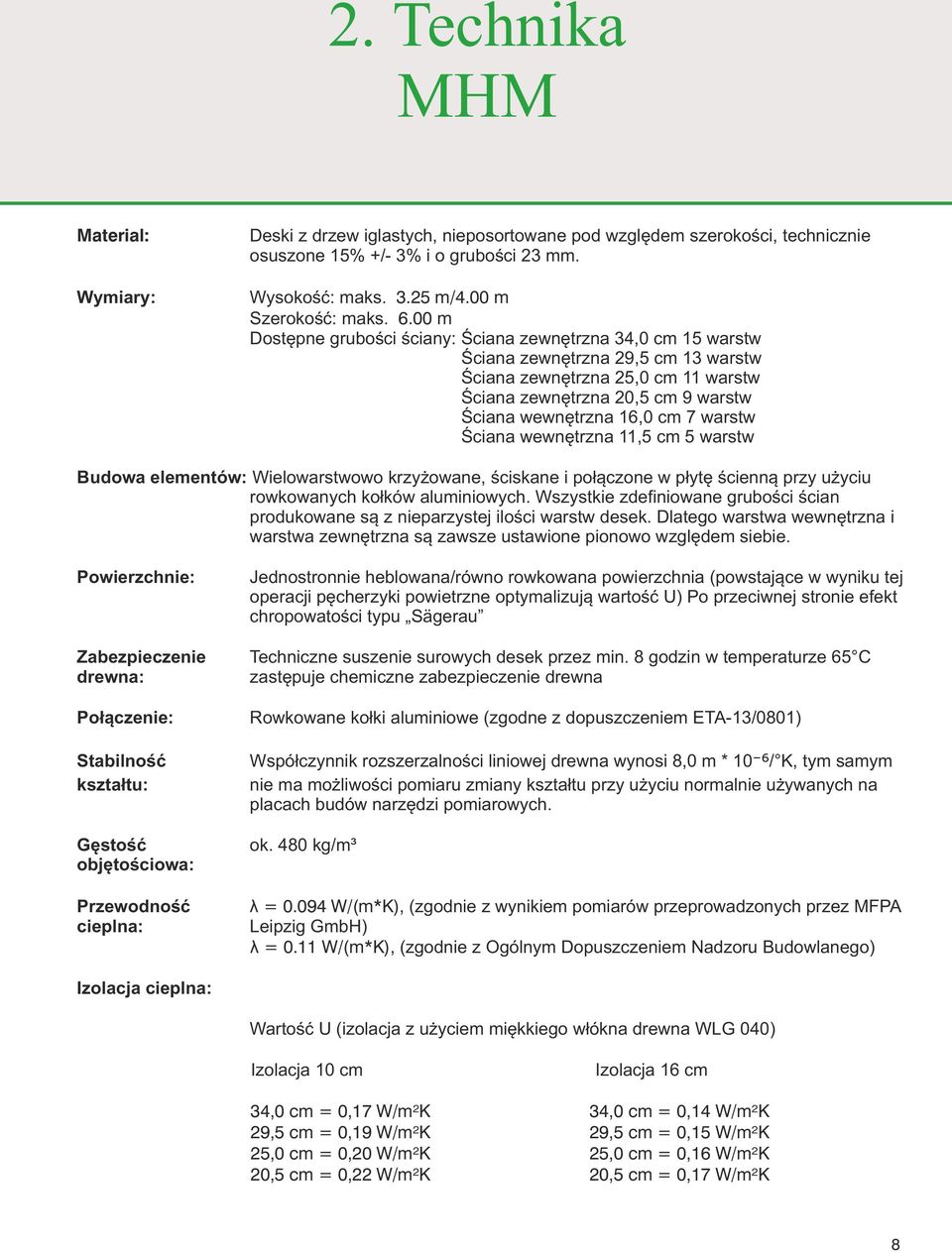 cm 7 warstw Œciana wewnêtrzna 11,5 cm 5 warstw Budowa elementów: Wielowarstwowo krzy owane, œciskane i po³¹czone w p³ytê œcienn¹ przy u yciu rowkowanych ko³ków aluminiowych.