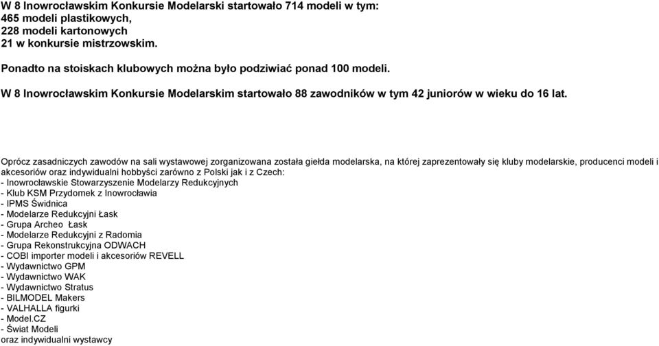 Oprócz zasadniczych zawodów na sali wystawowej zorganizowana została giełda modelarska, na której zaprezentowały się kluby modelarskie, producenci modeli i akcesoriów oraz indywidualni hobbyści