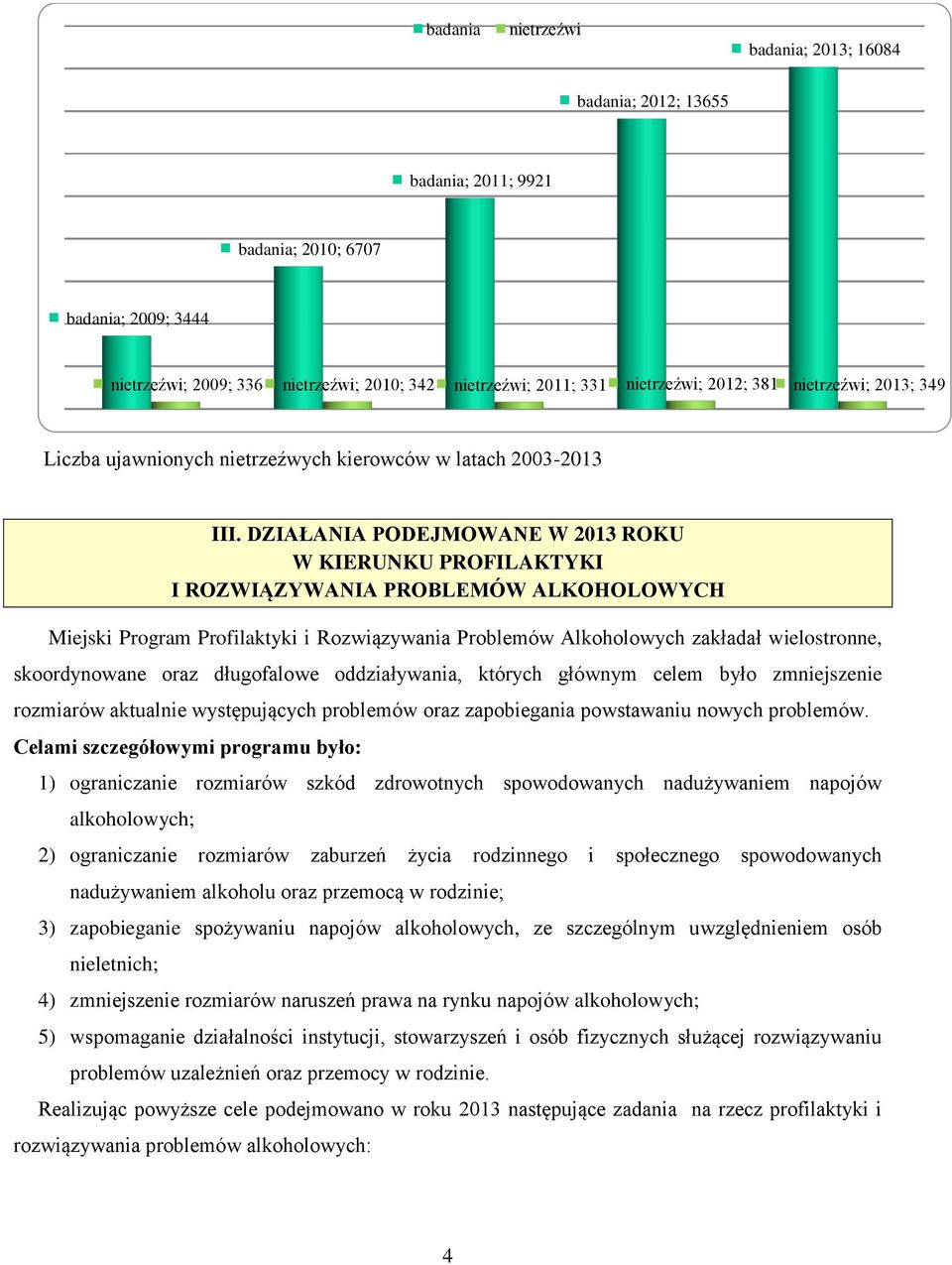 DZIAŁANIA PODEJMOWANE W 2013 ROKU W KIERUNKU PROFILAKTYKI I ROZWIĄZYWANIA PROBLEMÓW ALKOHOLOWYCH Miejski Program Profilaktyki i Rozwiązywania Problemów Alkoholowych zakładał wielostronne,