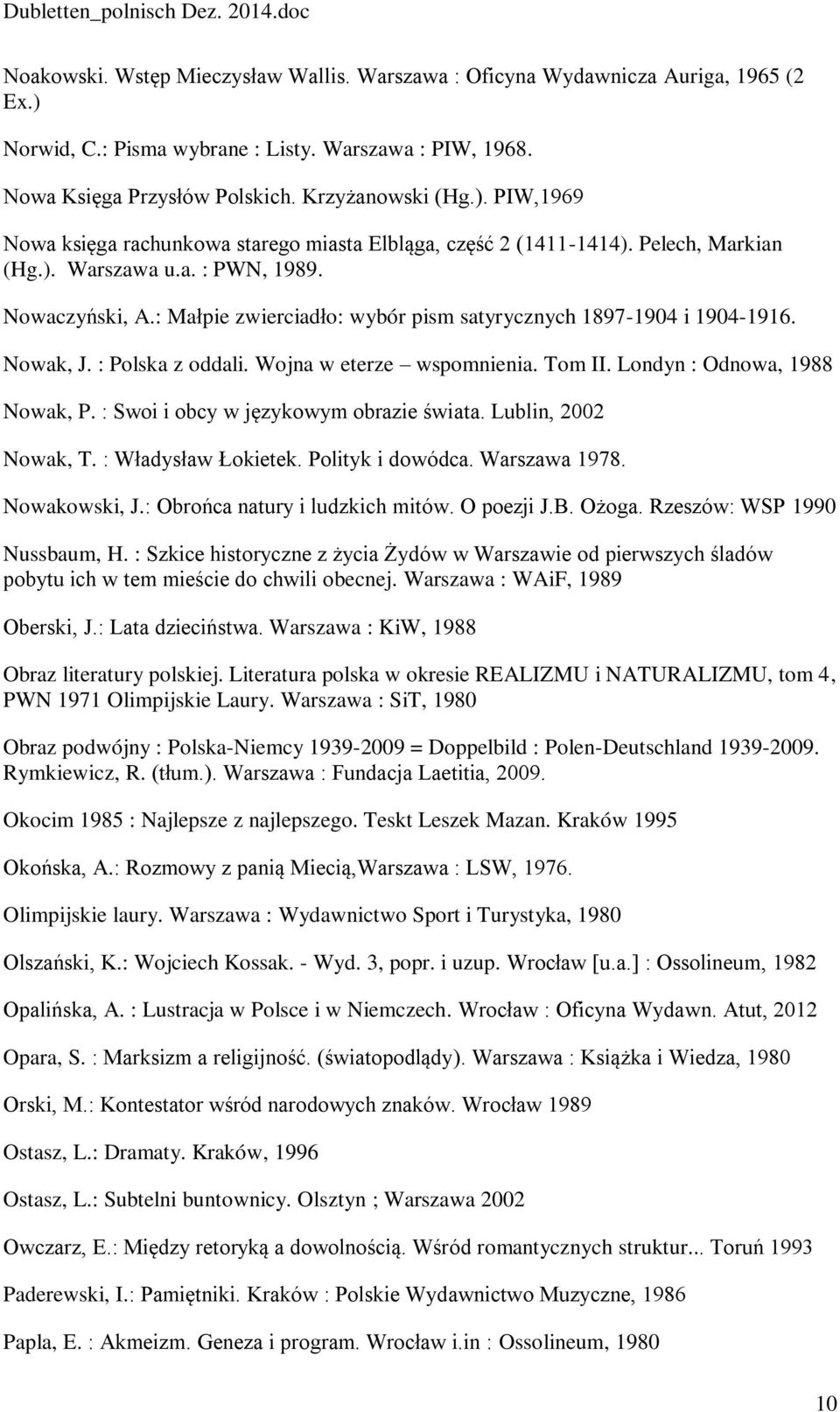 Londyn : Odnowa, 1988 Nowak, P. : Swoi i obcy w językowym obrazie świata. Lublin, 2002 Nowak, T. : Władysław Łokietek. Polityk i dowódca. Warszawa 1978. Nowakowski, J.