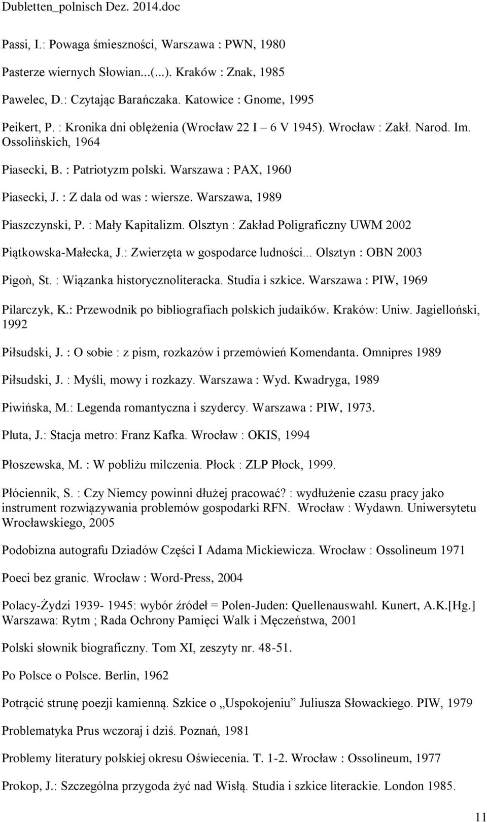 Warszawa, 1989 Piaszczynski, P. : Mały Kapitalizm. Olsztyn : Zakład Poligraficzny UWM 2002 Piątkowska-Małecka, J.: Zwierzęta w gospodarce ludności... Olsztyn : OBN 2003 Pigoǹ, St.