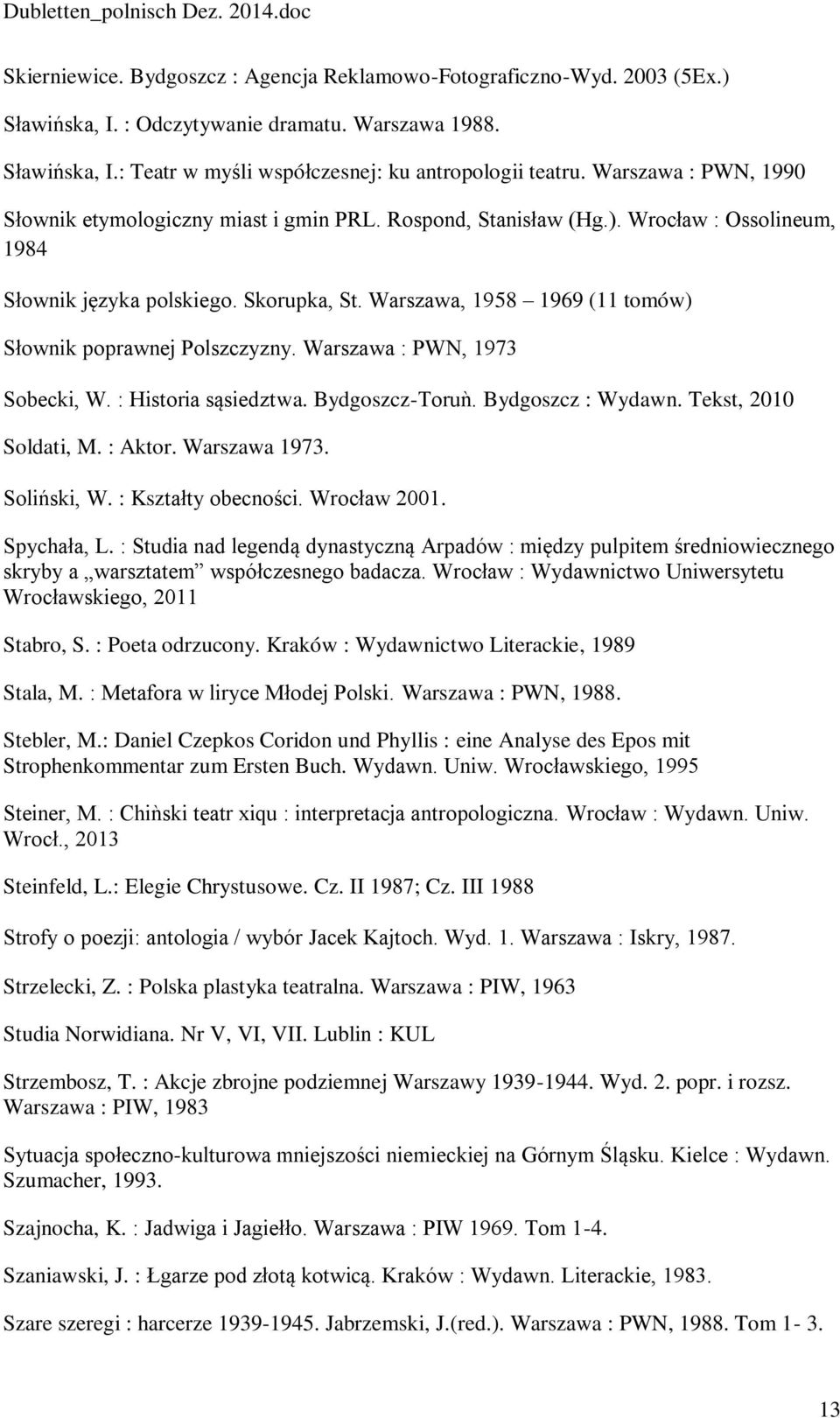 Warszawa, 1958 1969 (11 tomów) Słownik poprawnej Polszczyzny. Warszawa : PWN, 1973 Sobecki, W. : Historia sąsiedztwa. Bydgoszcz-Toruǹ. Bydgoszcz : Wydawn. Tekst, 2010 Soldati, M. : Aktor.