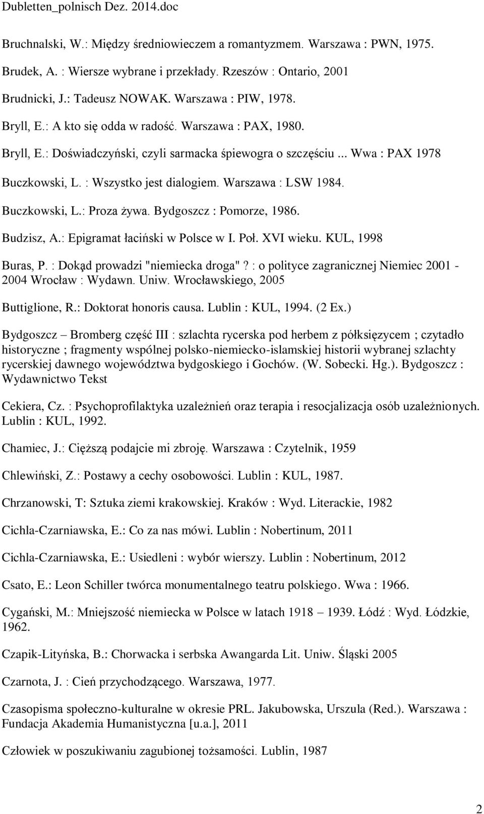 Warszawa : LSW 1984. Buczkowski, L.: Proza żywa. Bydgoszcz : Pomorze, 1986. Budzisz, A.: Epigramat łaciński w Polsce w I. Poł. XVI wieku. KUL, 1998 Buras, P. : Doka d prowadzi "niemiecka droga"?