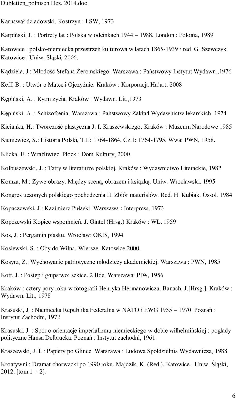 art, 2008 Kępiǹski, A. : Rytm życia. Kraków : Wydawn. Lit.,1973 Kępiǹski, A. : Schizofrenia. Warszawa : Paǹstwowy Zakład Wydawnictw lekarskich, 1974 Kicianka, H.: Twórczość plastyczna J. I.