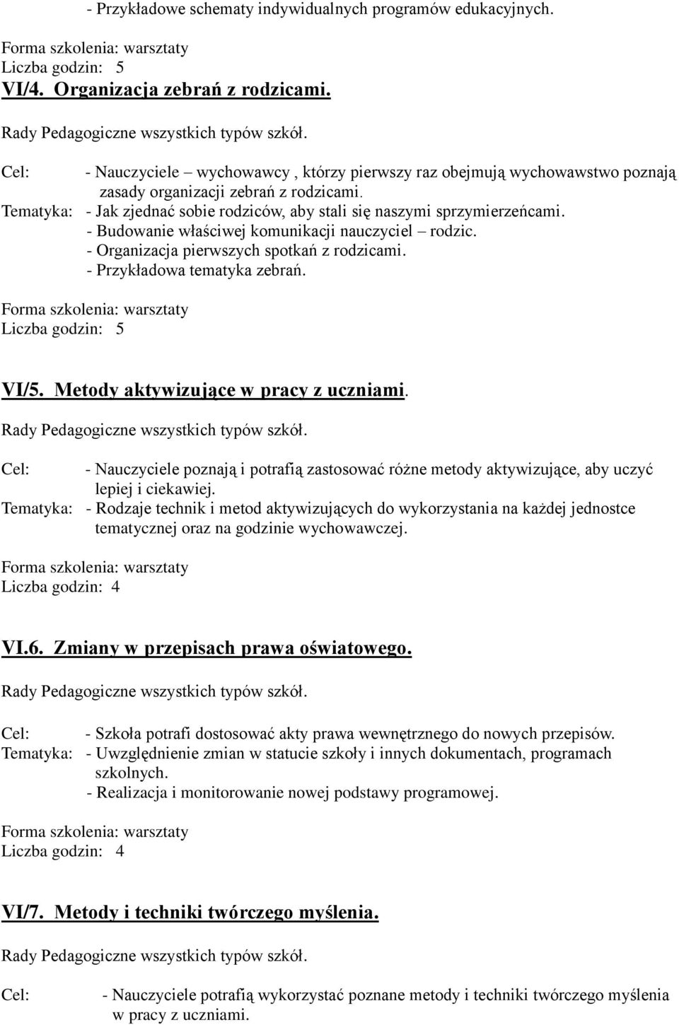 - Budowanie właściwej komunikacji nauczyciel rodzic. - Organizacja pierwszych spotkań z rodzicami. - Przykładowa tematyka zebrań. VI/5. Metody aktywizujące w pracy z uczniami.