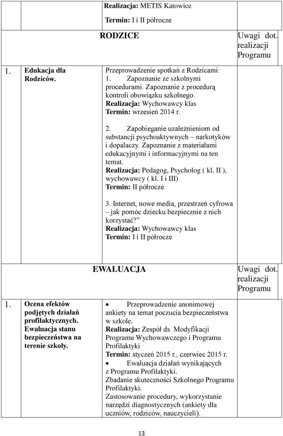 Zapoznanie z materiałami edukacyjnymi i informacyjnymi na ten temat. Realizacja: Pedagog, Psycholog ( kl. II ), wychowawcy ( kl. I i III) Termin: II półrocze 3.