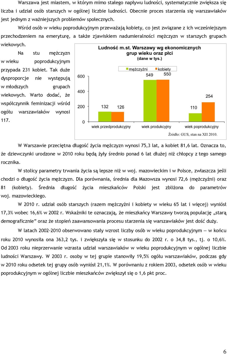 Wśród osób w wieku poprodukcyjnym przeważają kobiety, co jest związane z ich wcześniejszym przechodzeniem na emeryturę, a także zjawiskiem nadumieralności mężczyzn w starszych grupach wiekowych.