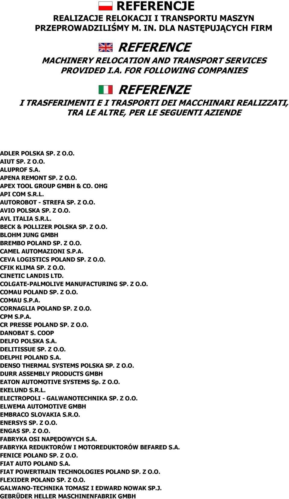 Z O.O. BLOHM JUNG GMBH BREMBO POLAND SP. Z O.O. CAMEL AUTOMAZIONI S.P.A. CEVA LOGISTICS POLAND SP. Z O.O. CFIK KLIMA SP. Z O.O. CINETIC LANDIS LTD. COLGATE-PALMOLIVE MANUFACTURING SP. Z O.O. COMAU POLAND SP.