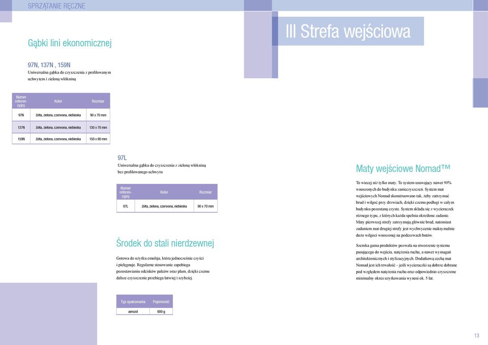 profilowanego uchwytu Numer referencyjny 97L żółta, zielona, czerwona, niebieska 90 x 70 mm Środek do stali nierdzewnej Gotowa do użytku emulsja, która jednocześnie czyści i pielęgnuje.