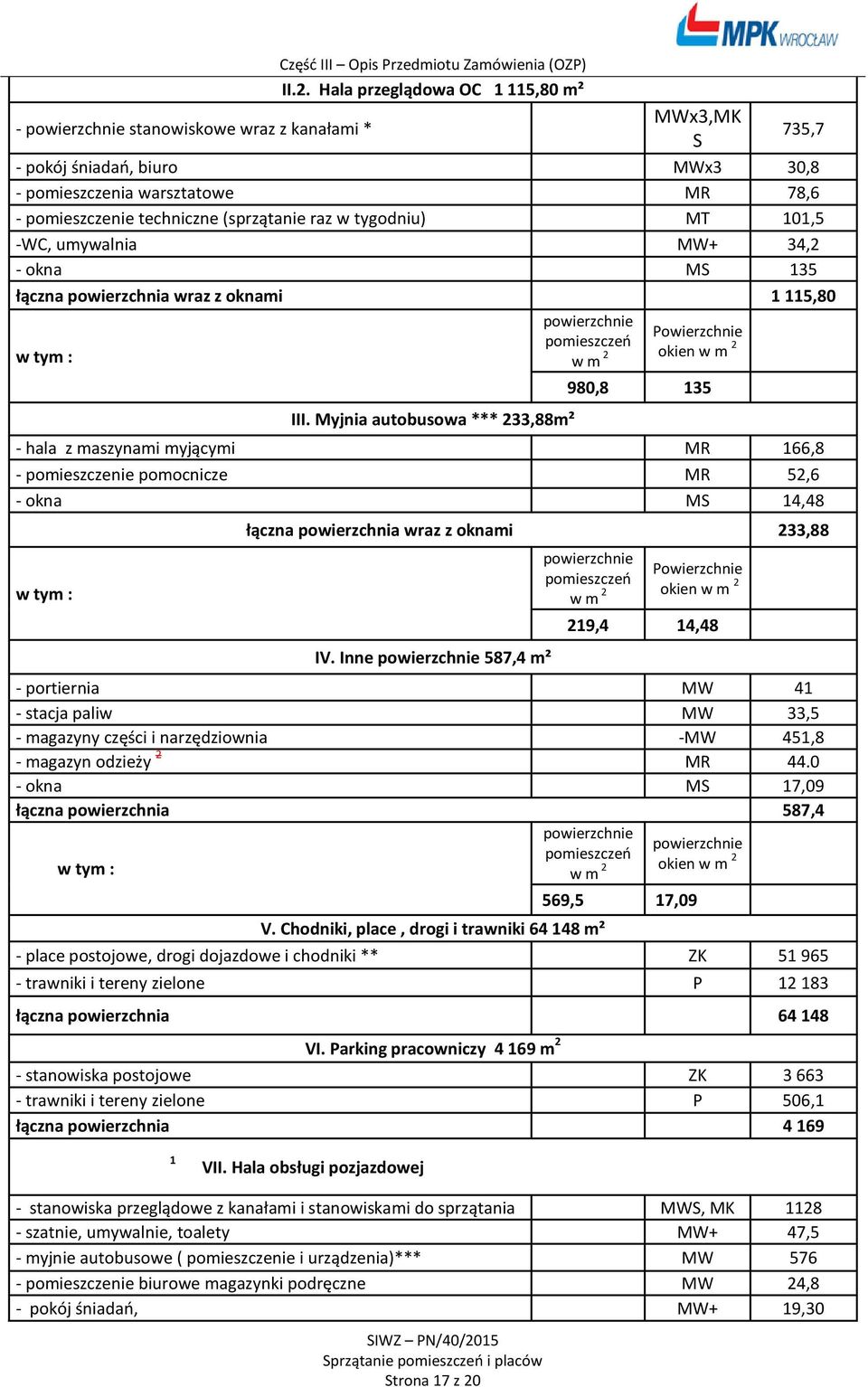 Myjnia autobusowa *** 233,88m² powierzchnie pomieszczeń w m 2 Powierzchnie okien w m 2 980,8 135 - hala z maszynami myjącymi MR 166,8 - pomieszczenie pomocnicze MR 52,6 - okna MS 14,48 w tym : łączna