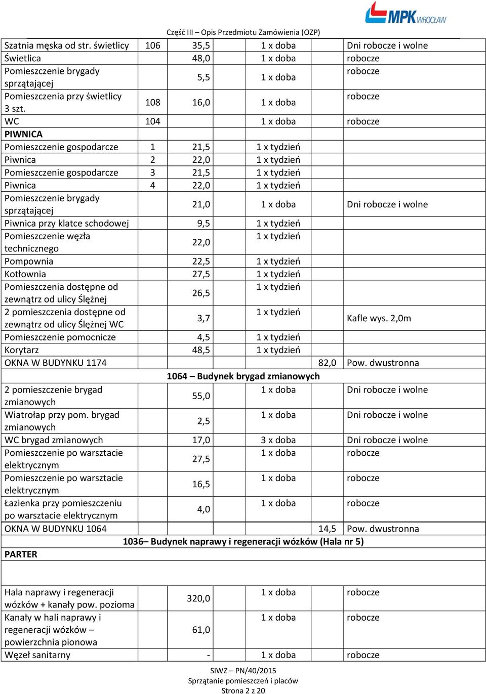 WC 104 1 x doba robocze PIWNICA Pomieszczenie gospodarcze 1 21,5 1 x tydzień Piwnica 2 22,0 1 x tydzień Pomieszczenie gospodarcze 3 21,5 1 x tydzień Piwnica 4 22,0 1 x tydzień Pomieszczenie brygady