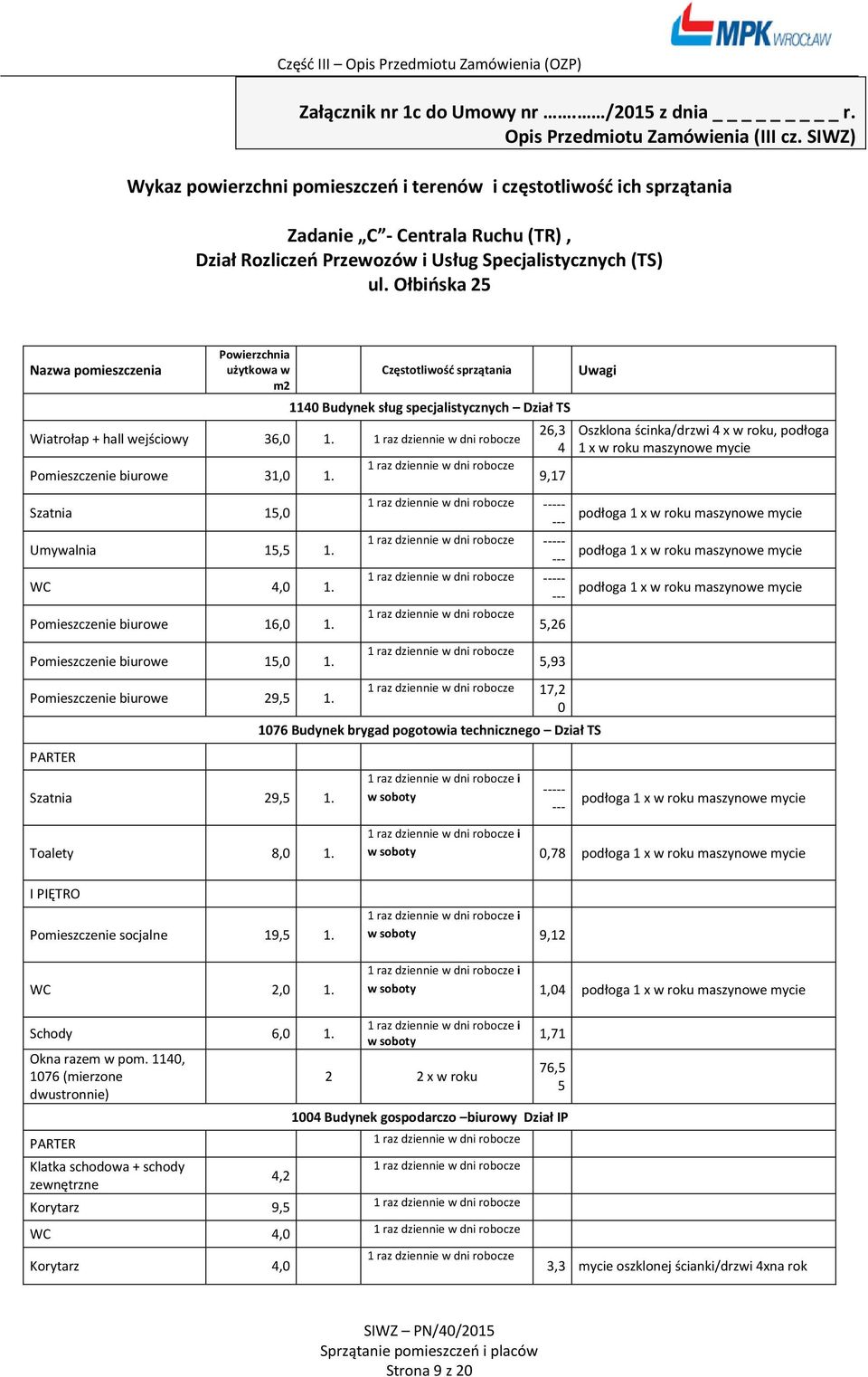 Ołbińska 25 Nazwa pomieszczenia Powierzchnia użytkowa w m2 Częstotliwość sprzątania 1140 Budynek sług specjalistycznych Dział TS Wiatrołap + hall wejściowy 36,0 1. 1 Pomieszczenie biurowe 31,0 1.