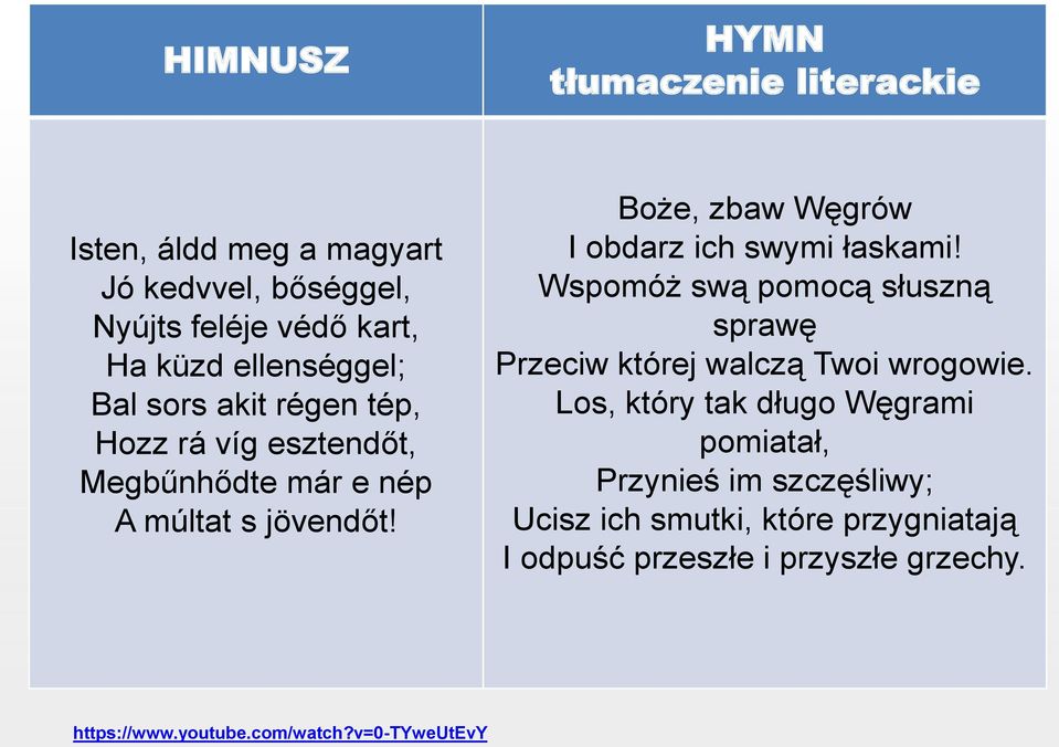 Boże, zbaw Węgrów I obdarz ich swymi łaskami! Wspomóż swą pomocą słuszną sprawę Przeciw której walczą Twoi wrogowie.