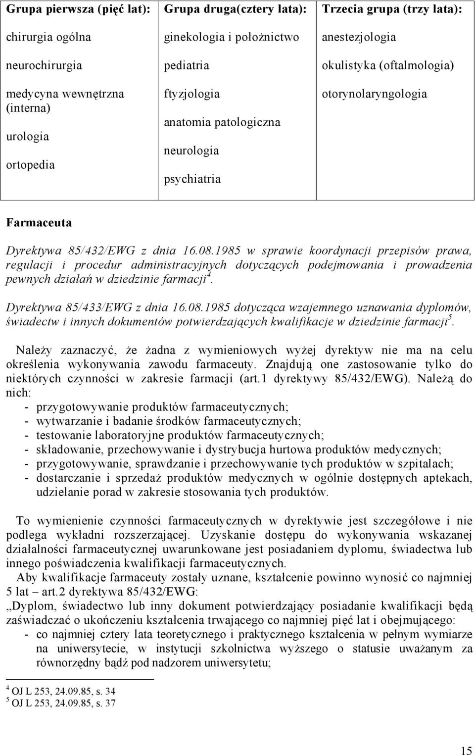 1985 w sprawie koordynacji przepisów prawa, regulacji i procedur administracyjnych dotyczą cych podejmowania i prowadzenia pewnych działań w dziedzinie farmacji 4. Dyrektywa 85/433/EWG z dnia 16.08.