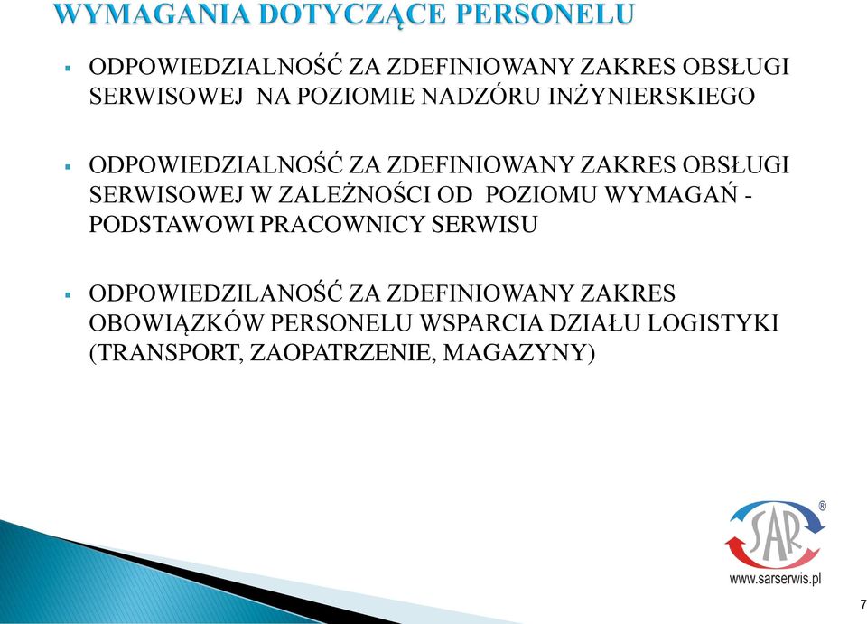 ZALEŻNOŚCI OD POZIOMU WYMAGAŃ - PODSTAWOWI PRACOWNICY SERWISU ODPOWIEDZILANOŚĆ ZA