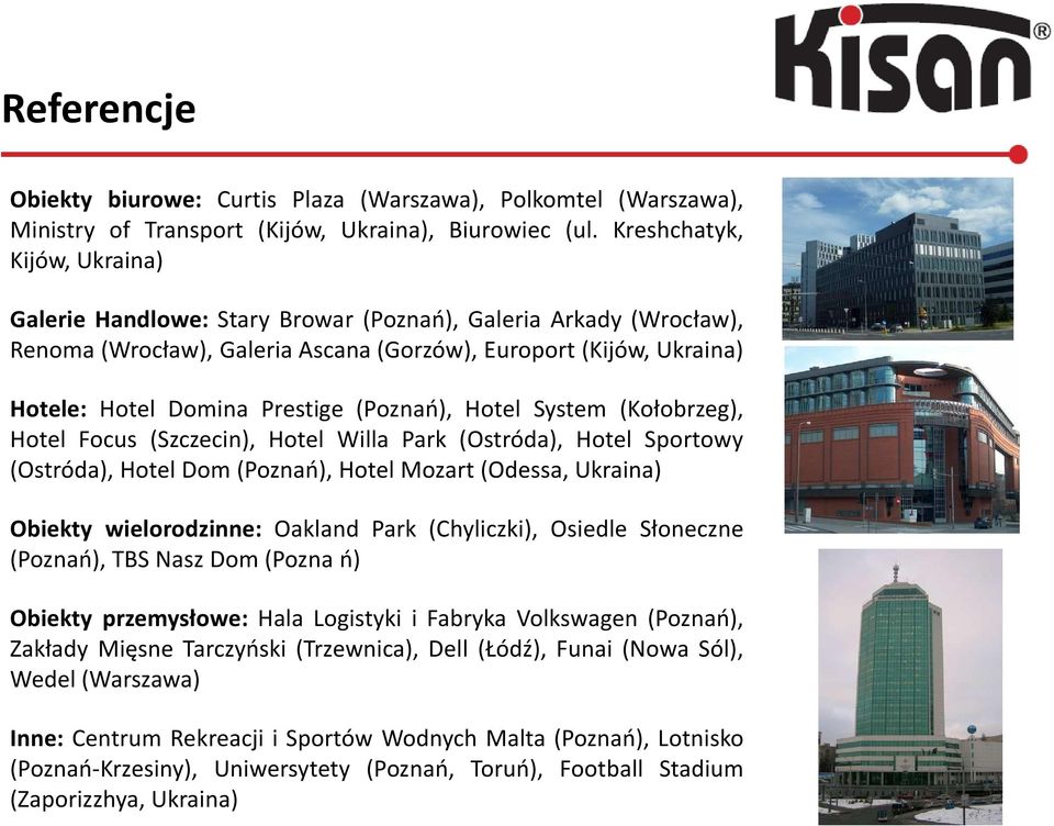 (Poznań), Hotel System (Kołobrzeg), Hotel Focus (Szczecin), Hotel Willa Park (Ostróda), Hotel Sportowy (Ostróda), Hotel Dom(Poznań), Hotel Mozart(Odessa, Ukraina) Obiekty wielorodzinne: Oakland Park