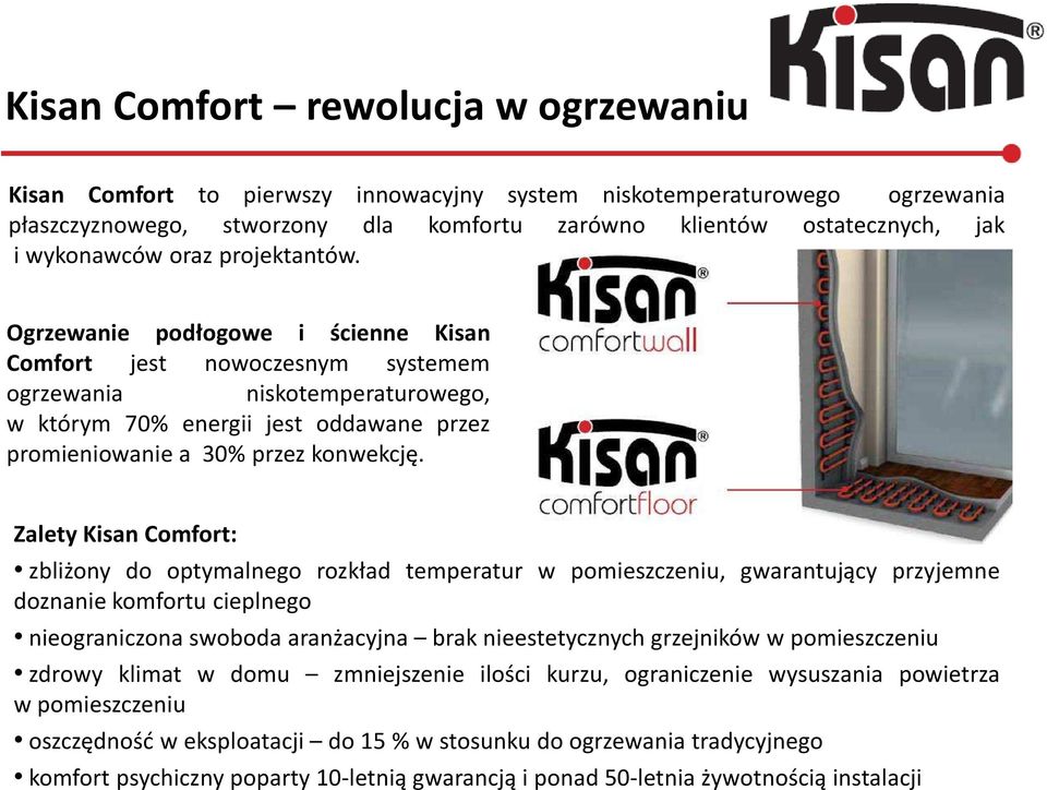 Ogrzewanie podłogowe i ścienne Kisan Comfort jest nowoczesnym systemem ogrzewania niskotemperaturowego, w którym 70% energii jest oddawane przez promieniowanie a 30% przez konwekcję.