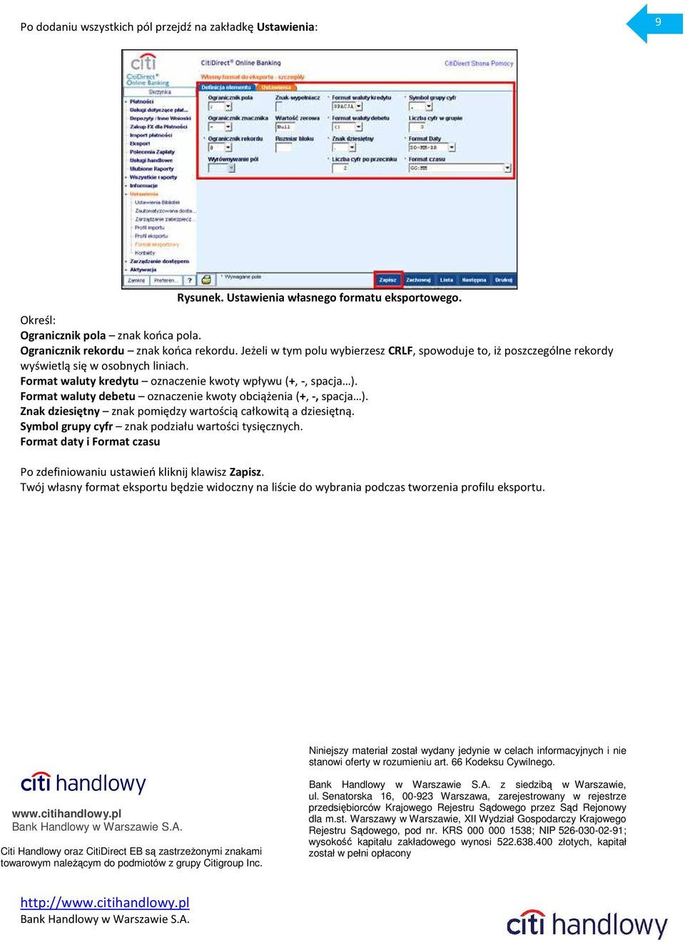 Format waluty debetu oznaczenie kwoty obciążenia (+, -, spacja ). Znak dziesiętny znak pomiędzy wartością całkowitą a dziesiętną. Symbol grupy cyfr znak podziału wartości tysięcznych.