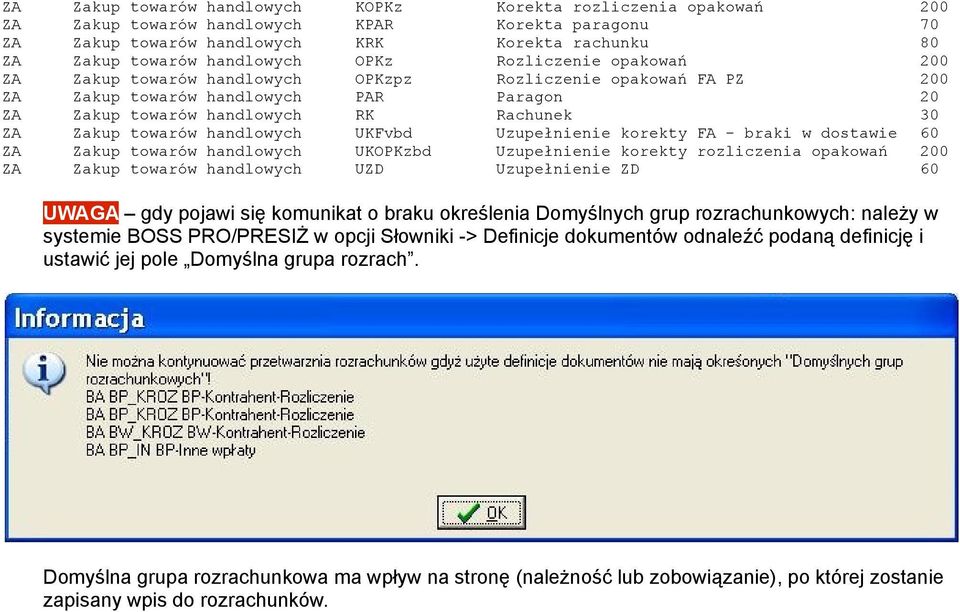 handlowych UKFvbd Uzupełnienie korekty FA - braki w dostawie 60 ZA Zakup towarów handlowych UKOPKzbd Uzupełnienie korekty rozliczenia opakowań 200 ZA Zakup towarów handlowych UZD Uzupełnienie ZD 60