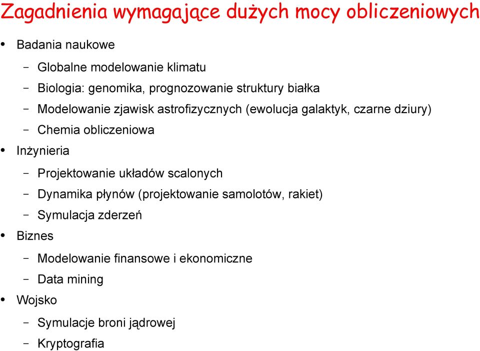 Chemia obliczeniowa Inżynieria Projektowanie układów scalonych Dynamika płynów (projektowanie samolotów,