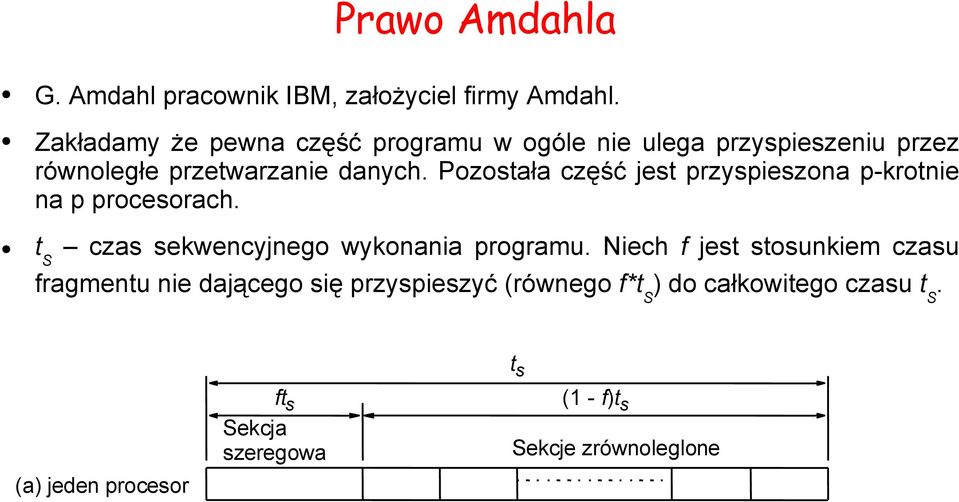 Pozostała część jest przyspieszona p-krotnie na p procesorach. t S czas sekwencyjnego wykonania programu.