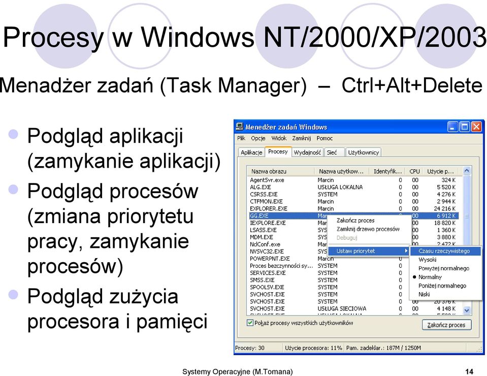 aplikacji) Podgląd procesów (zmiana priorytetu pracy,