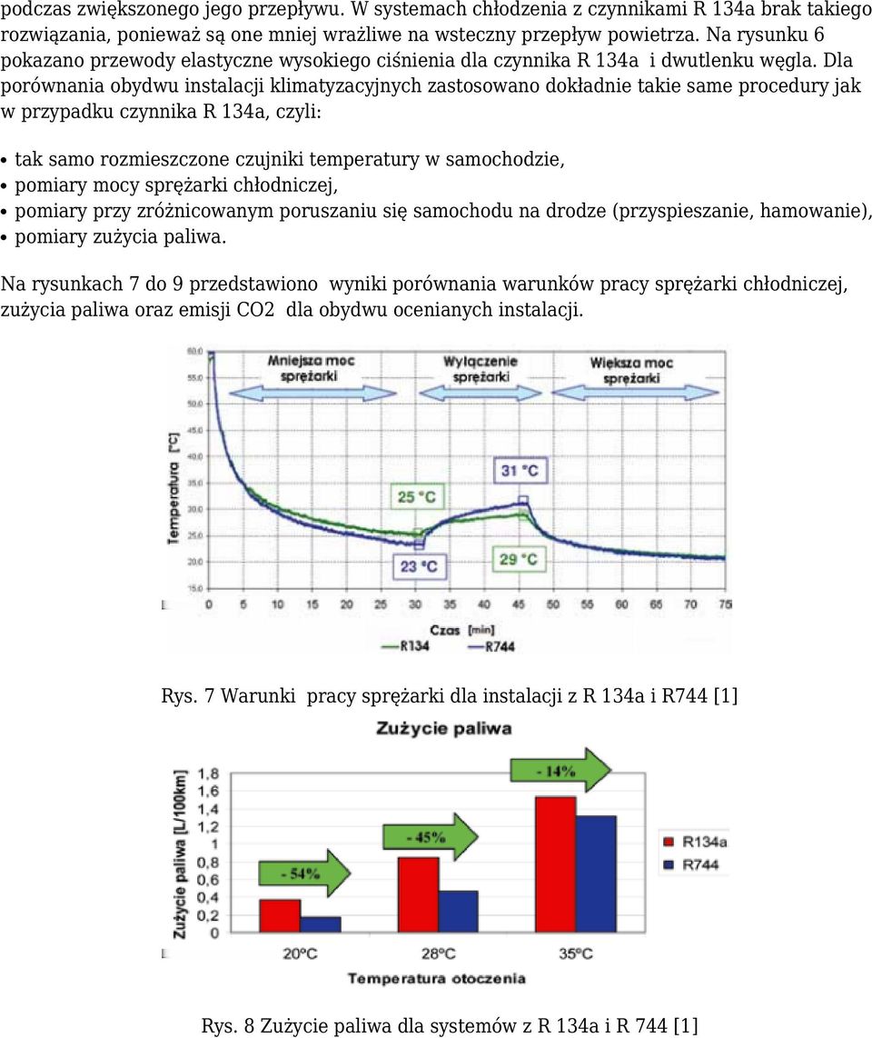 Dla porównania obydwu instalacji klimatyzacyjnych zastosowano dokładnie takie same procedury jak w przypadku czynnika R 134a, czyli: tak samo rozmieszczone czujniki temperatury w samochodzie, pomiary