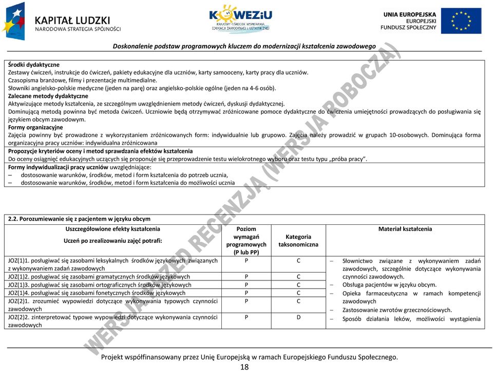 Zalecane metody dydaktyczne Aktywizujące metody kształcenia, ze szczególnym uwzględnieniem metody ćwiczeń, dyskusji dydaktycznej. Dominującą metodą powinna być metoda ćwiczeń.