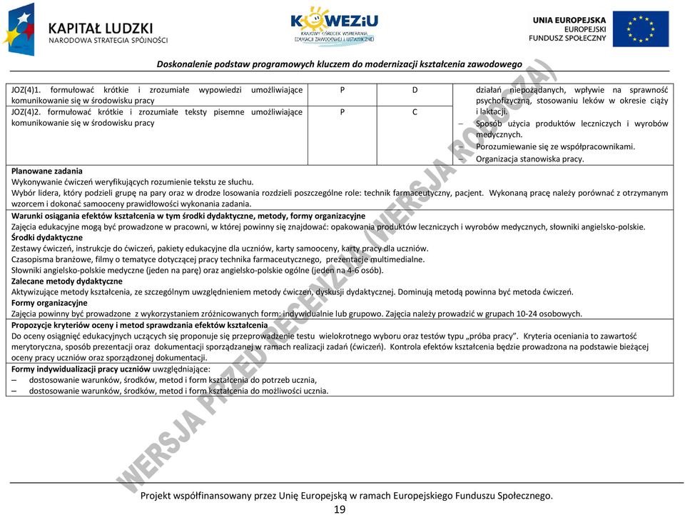 komunikowanie się w środowisku pracy Sposób użycia produktów leczniczych i wyrobów medycznych. orozumiewanie się ze współpracownikami. Organizacja stanowiska pracy.