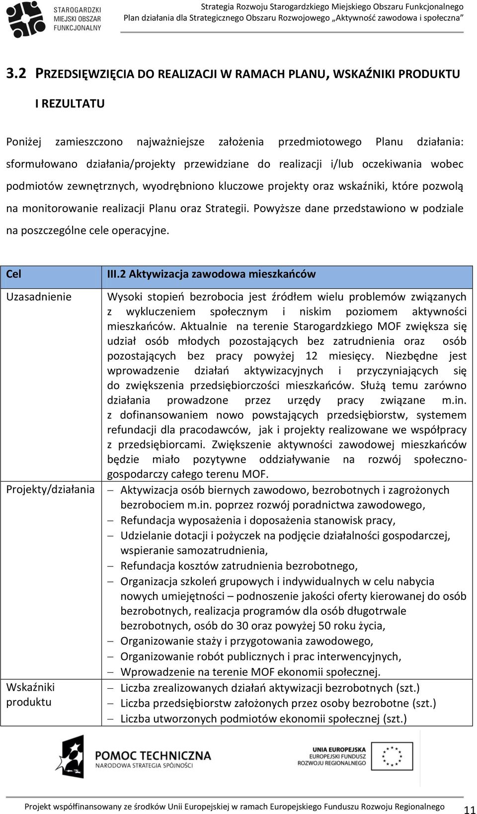 Powyższe dane przedstawiono w podziale na poszczególne cele operacyjne. Cel Uzasadnienie Projekty/działania Wskaźniki produktu III.