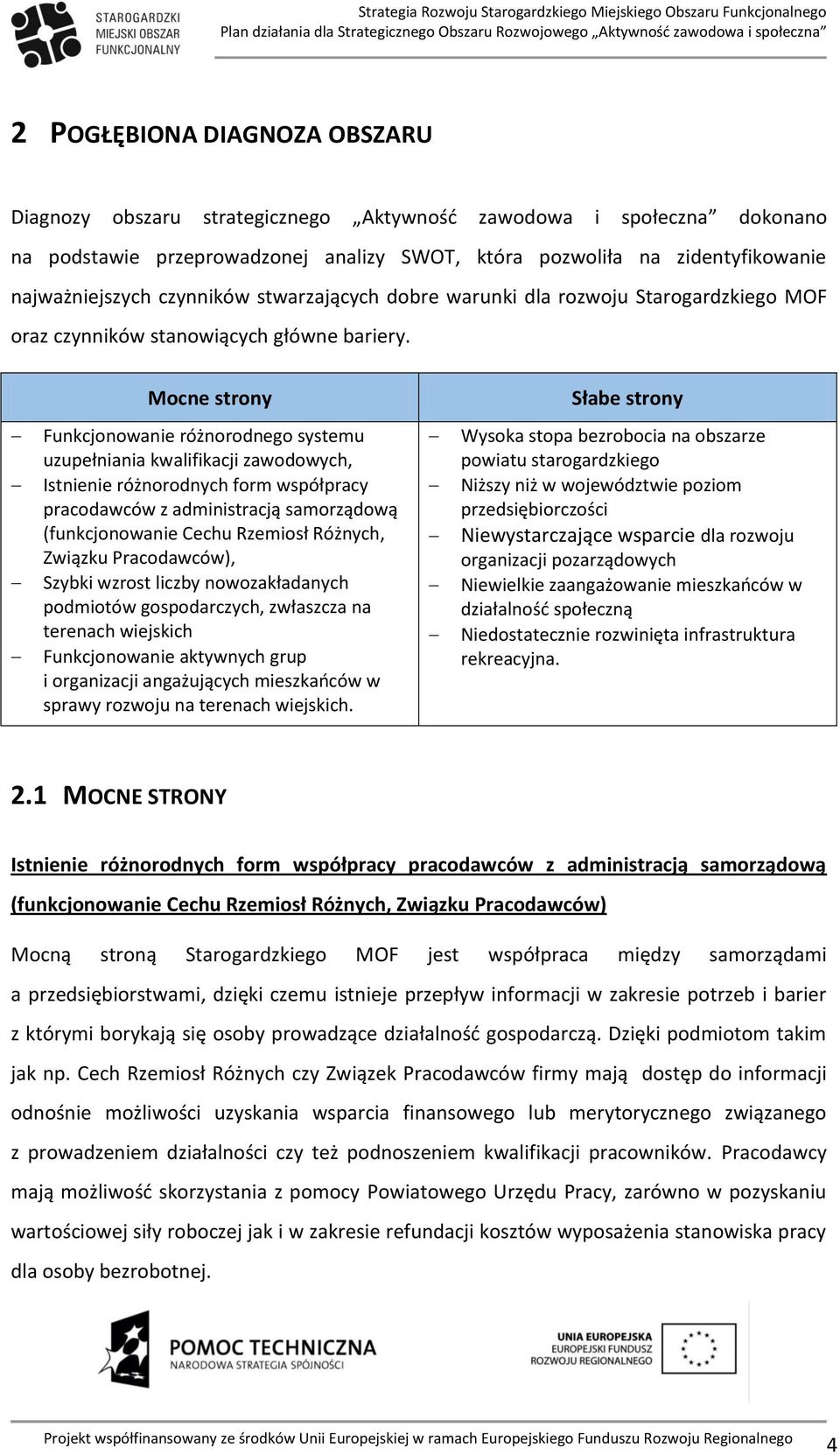 Mocne strony Słabe strony Funkcjonowanie różnorodnego systemu uzupełniania kwalifikacji zawodowych, Istnienie różnorodnych form współpracy pracodawców z administracją samorządową (funkcjonowanie